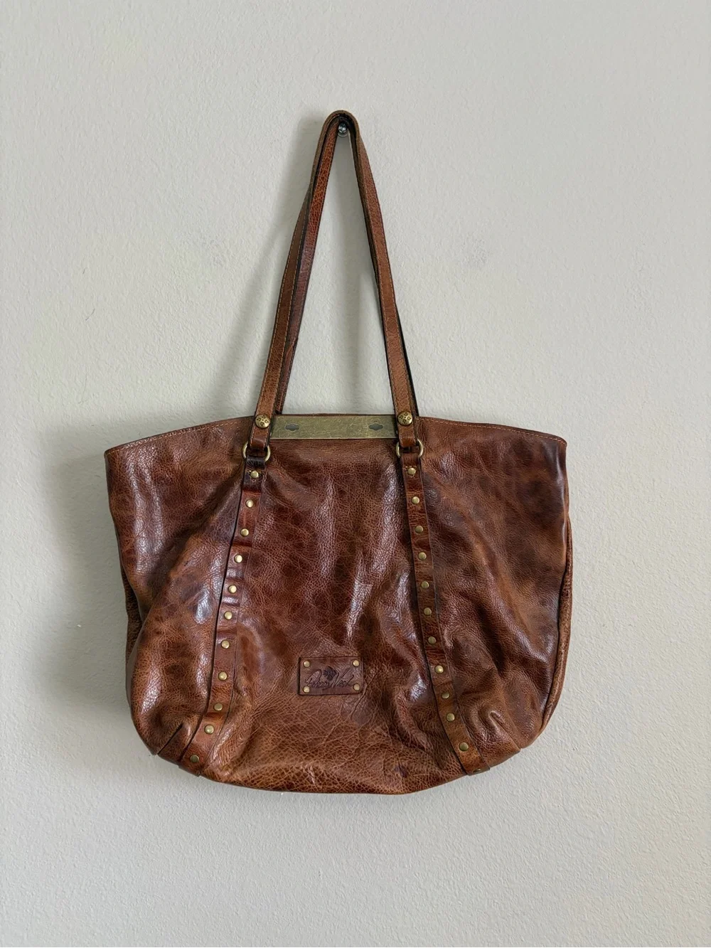 Patricia Nash Leather Benvenuto Large Tote Shoulder Bag TanTop Turn Lock Travel